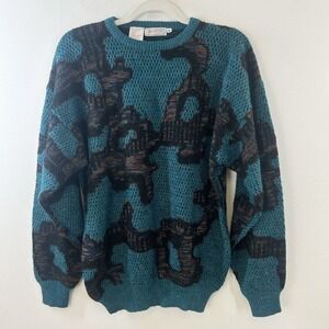 Vintage Bugatchi Sweater Mens M Crew Neck Pullover 90s‎ 80s All Over Print Teal